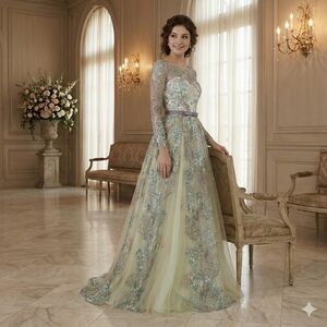 NWT Size 4 Rina diMontella Aqua & Multi Embroidered Botanical Gown